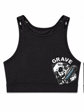 Chestee Grave Skull Graphic Sports Bra | Strappy Back | Size Large